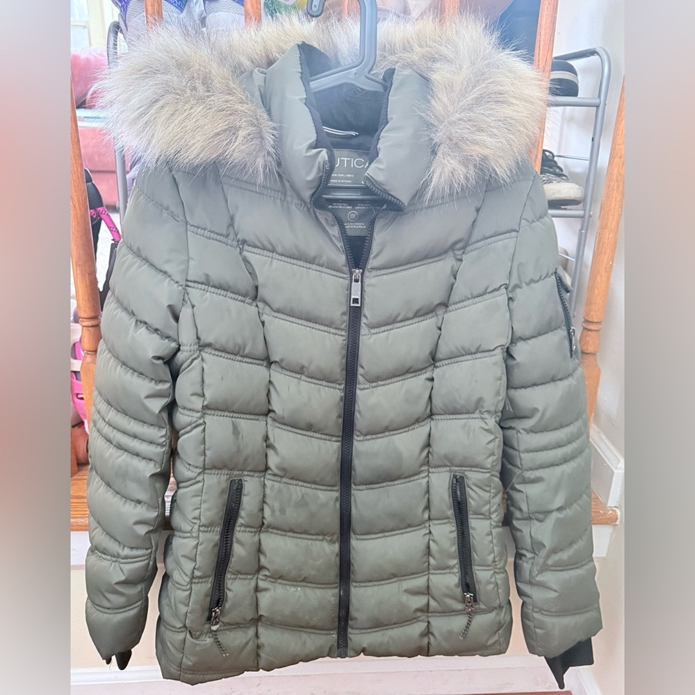 Nautica Women's Green Puffer Coat with Faux Fur Trim